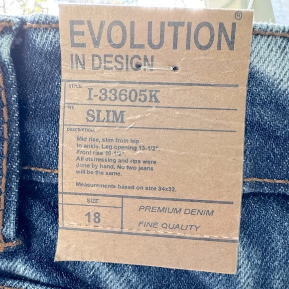 Evolution in Design 18 NWT Distressed Biker Repaired slim blue jeans. Mid rise. - Picture 6 of 11